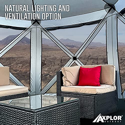 AxplorOutdoor RV Camping Gazebo Screen-Tent with Floor and Wind-Panels | 12ft x 12ft Portable Pop-Up Canopy Screen Room with Tarp Floor and Zippered-Side Panels | Pop-Up Screen Gazebo (Grey/Silver)