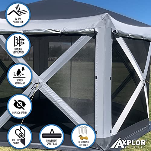 AxplorOutdoor RV Camping Gazebo Screen-Tent with Floor and Wind-Panels | 12ft x 12ft Portable Pop-Up Canopy Screen Room with Tarp Floor and Zippered-Side Panels | Pop-Up Screen Gazebo (Grey/Silver)