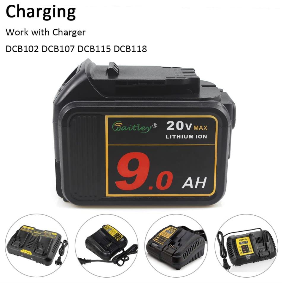 waitley 20V 9.0Ah Lithium Ion Battery Compatible with DEWALT DCB200 DCB209 Tools with LED Indicator