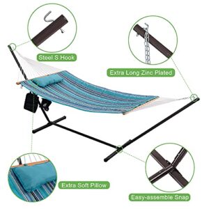 Lazy Daze Hammocks Double Outdoor Hammock with 12 ft Steel Stand, 2 Person Cotton Rope Hammock with Quilted Pad, Spreader Bars, Detachable Pillow, Mag Bag & Cup Holder, Blue Ocean Stripes