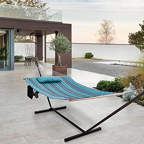 Lazy Daze Hammocks Double Outdoor Hammock with 12 ft Steel Stand, 2 Person Cotton Rope Hammock with Quilted Pad, Spreader Bars, Detachable Pillow, Mag Bag & Cup Holder, Blue Ocean Stripes