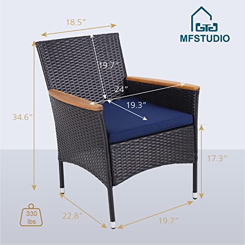 MFSTUDIO Patio PE Rattan Dining Chairs Set of 2,Modern Outdoor Wicker Chairs with Acacia Wood Armrests and Removable Cushion for Porch, Balcony, Garden