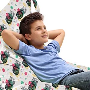 ambesonne pineapple lounger chair bag, hand drawn sketch fruits with colorful triangles and foliage leaves background, high capacity storage with handle container, lounger size, multicolor