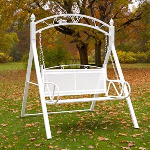 metal porch swing, 2-person hanging patio swing chair with thick cushions and decorations, outdoors heavy duty swing chair bench for gardens, yards, deck, backyard, 660 lb weight capacity, white