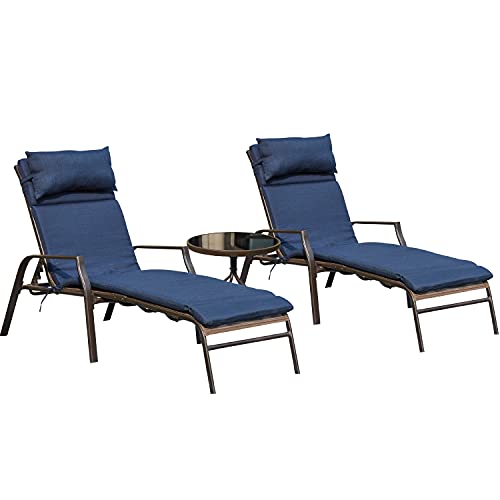 LOKATSE HOME 3 Pieces Outdoor Patio Chaise Lounge Chair Lounger Seating Furniture Set with Cushions and Table, Navy Blue