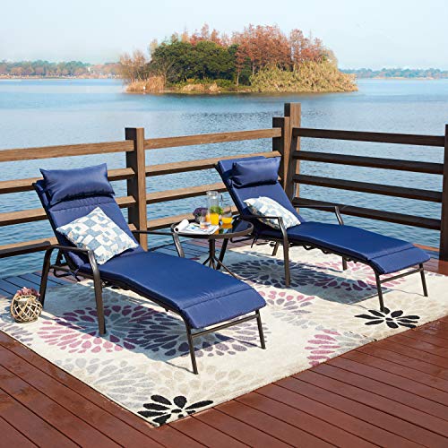 LOKATSE HOME 3 Pieces Outdoor Patio Chaise Lounge Chair Lounger Seating Furniture Set with Cushions and Table, Navy Blue