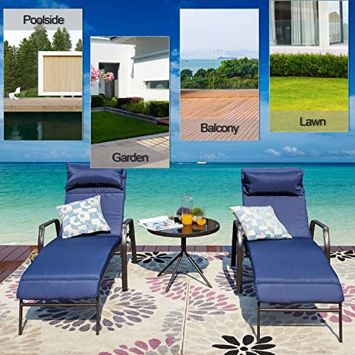 LOKATSE HOME 3 Pieces Outdoor Patio Chaise Lounge Chair Lounger Seating Furniture Set with Cushions and Table, Navy Blue