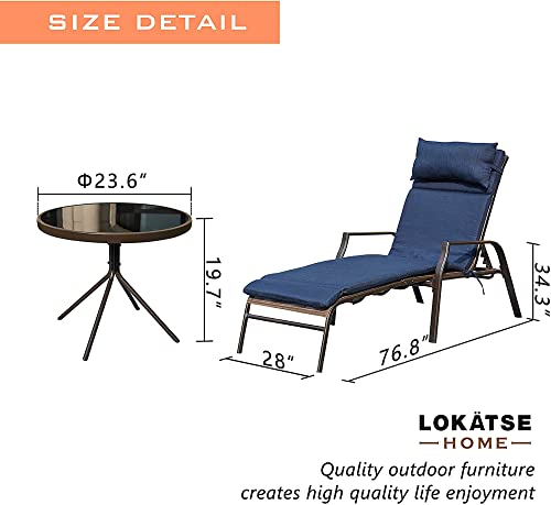 LOKATSE HOME 3 Pieces Outdoor Patio Chaise Lounge Chair Lounger Seating Furniture Set with Cushions and Table, Navy Blue