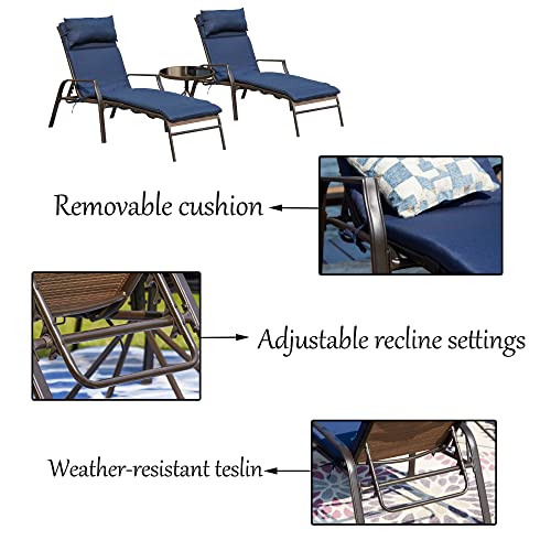 LOKATSE HOME 3 Pieces Outdoor Patio Chaise Lounge Chair Lounger Seating Furniture Set with Cushions and Table, Navy Blue