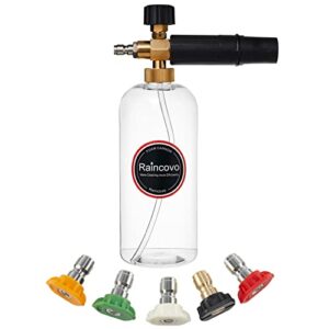 raincovo foam cannon with 1/4 inch quick connector, transparent bottle, snow foam lance with 5 pressure washer nozzle tips