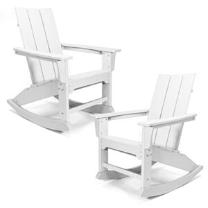 resinteak modern adirondack rocking chair set of 2, all weather resistant, ergonomic design and comfort, 20 inch wide seat, up to 350 lb big and tall porch rockers for backyards, firepit, deck (white)