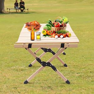 OMKUOSYA Portable Camping Table, Wooden Folding Beach Picnic Table with Carry Bag for Outdoor Cooking, Picnic, Camp, BBQ, Travel, Backyard Patio Party