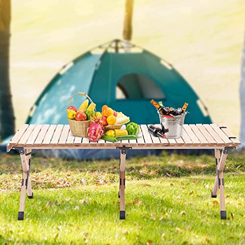 OMKUOSYA Portable Camping Table, Wooden Folding Beach Picnic Table with Carry Bag for Outdoor Cooking, Picnic, Camp, BBQ, Travel, Backyard Patio Party