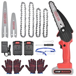 suteck mini chainsaw cordless, 6 inch 4 inch 2-in-1 handheld chainsaw battery powered with 2 pcs 24v 2000mah rechargeable battery electric pruning saw for garden yard tree trimming branch wood cutting