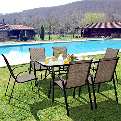 Tangkula 6 Piece Patio Stackable Chairs, Outdoor Dining Chairs with Heavy-Duty Steel Frame, Curved Armrests & Breathable Fabric, Stacking Armchairs for Backyard, Garden, Poolside