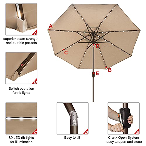 EliteShade USA 10-Year-Non-Fading Sunumbrella Solar 9ft Market Umbrella with 80 LED Lights Patio Umbrellas Outdoor Table Umbrella with Ventilation,Heather Beige