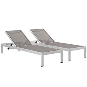 modway shore aluminum textilene® mesh outdoor patio two poolside chaise lounge chairs in silver gray