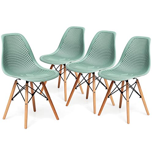 Giantex Set of 4 Modern Dining Chairs, Outdoor Indoor Shell PP Lounge Side Chairs with Mesh Design, Beech Wood Legs, Tulip Leisure Chairs, DSW Dining Chairs for Kitchen, Dining Room, Green