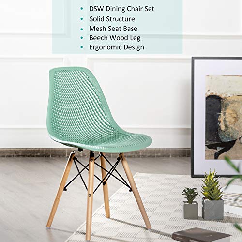 Giantex Set of 4 Modern Dining Chairs, Outdoor Indoor Shell PP Lounge Side Chairs with Mesh Design, Beech Wood Legs, Tulip Leisure Chairs, DSW Dining Chairs for Kitchen, Dining Room, Green