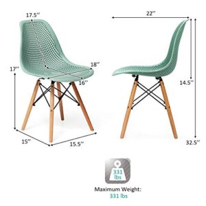 Giantex Set of 4 Modern Dining Chairs, Outdoor Indoor Shell PP Lounge Side Chairs with Mesh Design, Beech Wood Legs, Tulip Leisure Chairs, DSW Dining Chairs for Kitchen, Dining Room, Green