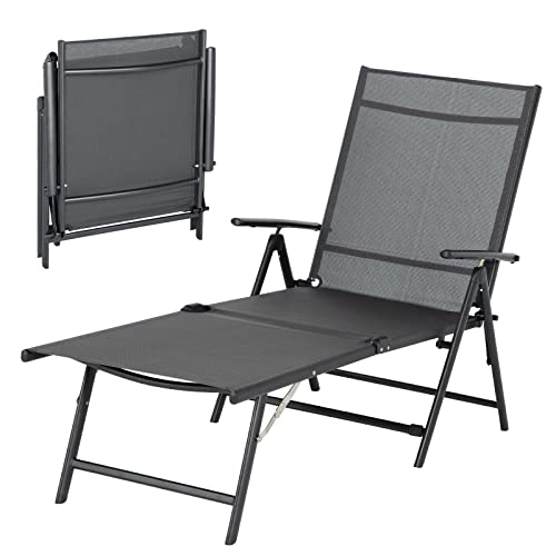 Esright Outdoor Chaise Lounge Chair, Folding Textilene Reclining Lounge Chair for Beach Yard Pool Patio with 7 Back & 2 Leg Adjustable Positions, Gray