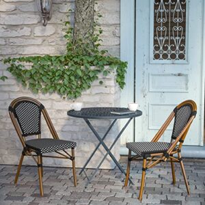 Flash Furniture Bordeaux Set of 2 Indoor/Outdoor Commercial French Bistro Stack Chairs - Black/White PE Rattan Back and Seat - Natural Bamboo Print Aluminum Frame