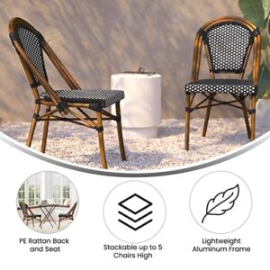 Flash Furniture Bordeaux Set of 2 Indoor/Outdoor Commercial French Bistro Stack Chairs - Black/White PE Rattan Back and Seat - Natural Bamboo Print Aluminum Frame