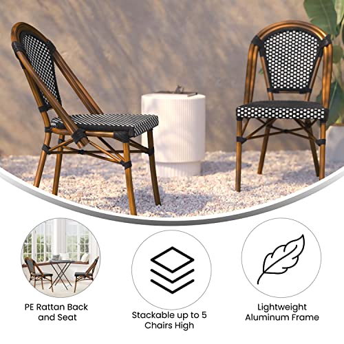 Flash Furniture Bordeaux Set of 2 Indoor/Outdoor Commercial French Bistro Stack Chairs - Black/White PE Rattan Back and Seat - Natural Bamboo Print Aluminum Frame