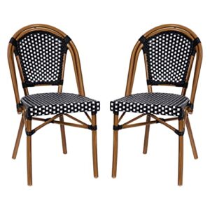 Flash Furniture Bordeaux Set of 2 Indoor/Outdoor Commercial French Bistro Stack Chairs - Black/White PE Rattan Back and Seat - Natural Bamboo Print Aluminum Frame