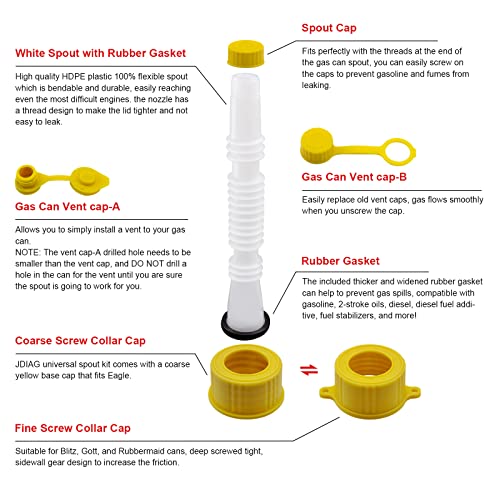 JDiag Universal Gas Can Spout Replacement Kit, Flexible Pour Nozzle with Gasket, Stopper Caps, Collar Caps, Stripe Cap, Spout Kit for Water Jugs and Old Can, Update Your Old Can (1 Pack)