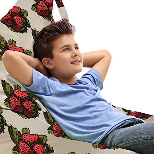 Ambesonne Strawberry Lounger Chair Bag, Hand Drawn Fruits Pattern with Fresh Leaves Summer Arrangement, High Capacity Storage with Handle Container, Lounger Size, Dark Coral Yellow Green