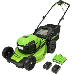 greenworks 2 x 24v (48v) 21″ brushless cordless self-propelled lawn mower, (2) 5.0ah usb batteries (usb hub) and dual port rapid charger included