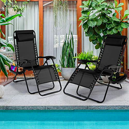 Goplus Zero Gravity Chair, Adjustable Folding Reclining Lounge Chair with Pillow and Cup Holder, Patio Lawn Recliner for Outdoor Pool Camp Yard (1, Black)