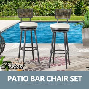Sports Festival Outdoor Bar Stools Set of 4 Upholstered Bistro 360° Swivel Seat Top Armless Chairs with Woven Wicker, Steel Frame and Removable Seat Cushion for Kitchen Counter, Rustic Brown and Black