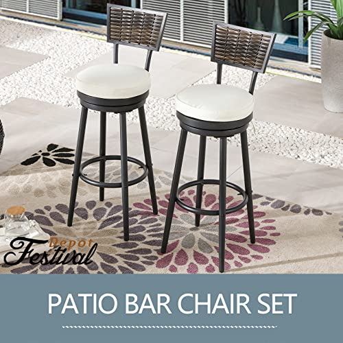 Sports Festival Outdoor Bar Stools Set of 4 Upholstered Bistro 360° Swivel Seat Top Armless Chairs with Woven Wicker, Steel Frame and Removable Seat Cushion for Kitchen Counter, Rustic Brown and Black