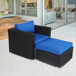 kinbor Outdoor Chair with Ottoman - Patio Furniture Corner Couch Seating, Rattan Balcony Garden Furniture with Cushions, Royal Blue