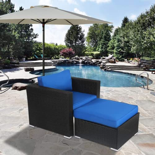 kinbor Outdoor Chair with Ottoman - Patio Furniture Corner Couch Seating, Rattan Balcony Garden Furniture with Cushions, Royal Blue
