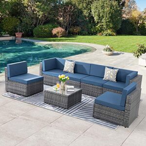 sunlei 7 pieces patio sofa conversation set outdoor furniture sets pe rattan low back all-weather rattan sectional sofa washable cushions with coffee table (silver gray rattan) (aegean blue)