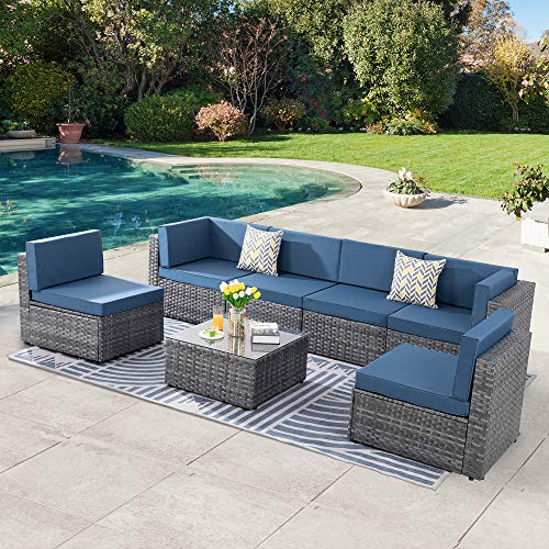 SUNLEI 7 Pieces Patio Sofa Conversation Set Outdoor Furniture Sets PE Rattan Low Back All-Weather Rattan Sectional Sofa Washable Cushions with Coffee Table (Silver Gray Rattan) (Aegean Blue)