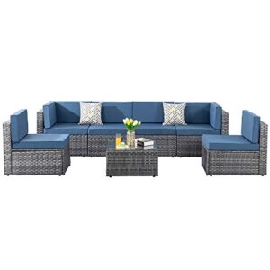 SUNLEI 7 Pieces Patio Sofa Conversation Set Outdoor Furniture Sets PE Rattan Low Back All-Weather Rattan Sectional Sofa Washable Cushions with Coffee Table (Silver Gray Rattan) (Aegean Blue)