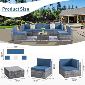 SUNLEI 7 Pieces Patio Sofa Conversation Set Outdoor Furniture Sets PE Rattan Low Back All-Weather Rattan Sectional Sofa Washable Cushions with Coffee Table (Silver Gray Rattan) (Aegean Blue)