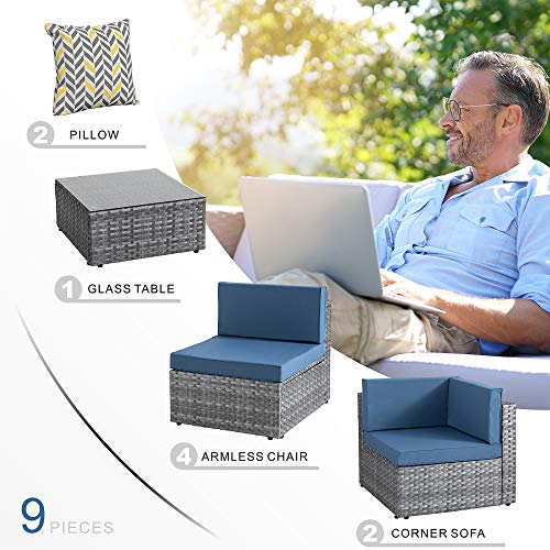 SUNLEI 7 Pieces Patio Sofa Conversation Set Outdoor Furniture Sets PE Rattan Low Back All-Weather Rattan Sectional Sofa Washable Cushions with Coffee Table (Silver Gray Rattan) (Aegean Blue)