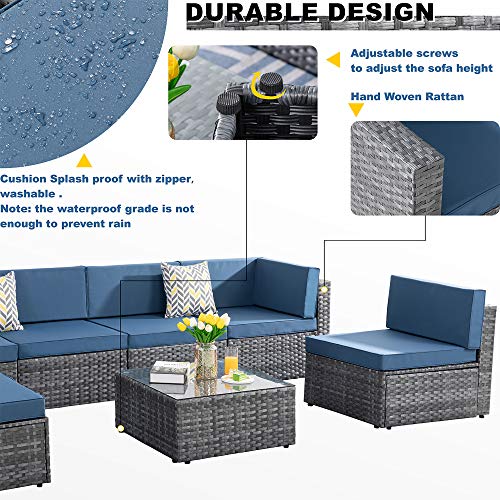 SUNLEI 7 Pieces Patio Sofa Conversation Set Outdoor Furniture Sets PE Rattan Low Back All-Weather Rattan Sectional Sofa Washable Cushions with Coffee Table (Silver Gray Rattan) (Aegean Blue)