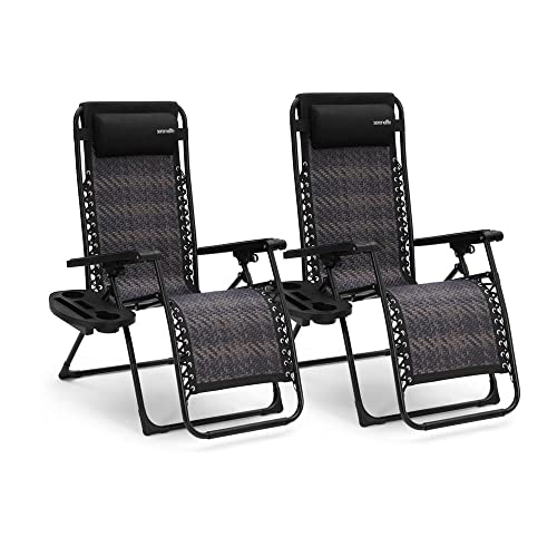 SereneLife Foldable Outdoor Zero Gravity Lawn Chair, Adjustable Rattan Recliners, w/Removable Padded Headrest Pillows and Cup Holder Side Tables, Set of 2, One Size