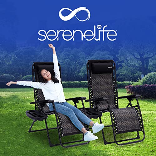 SereneLife Foldable Outdoor Zero Gravity Lawn Chair, Adjustable Rattan Recliners, w/Removable Padded Headrest Pillows and Cup Holder Side Tables, Set of 2, One Size