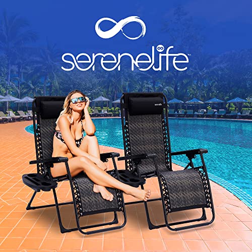 SereneLife Foldable Outdoor Zero Gravity Lawn Chair, Adjustable Rattan Recliners, w/Removable Padded Headrest Pillows and Cup Holder Side Tables, Set of 2, One Size
