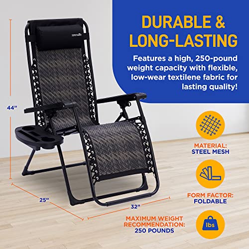 SereneLife Foldable Outdoor Zero Gravity Lawn Chair, Adjustable Rattan Recliners, w/Removable Padded Headrest Pillows and Cup Holder Side Tables, Set of 2, One Size