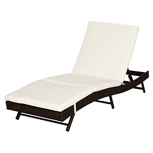 Outsunny Wicker Chaise Patio Lounge Chair, 5 Position Adjustable Backrest and Cushions Outdoor PE Rattan Wicker Lounge Chair - Black/Cream