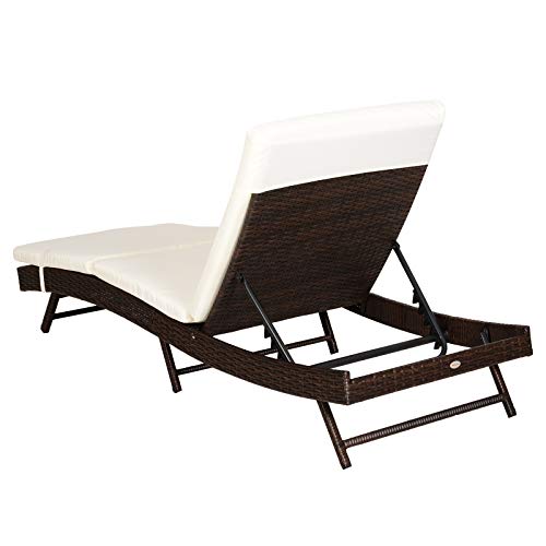 Outsunny Wicker Chaise Patio Lounge Chair, 5 Position Adjustable Backrest and Cushions Outdoor PE Rattan Wicker Lounge Chair - Black/Cream