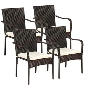 relax4life patio dining chairs 4-piece stackable wicker chairs, outdoor pe rattan chairs with comfortable cushions and anti-rust steel frame, conversation chairs for porch, yard, garden and poolside